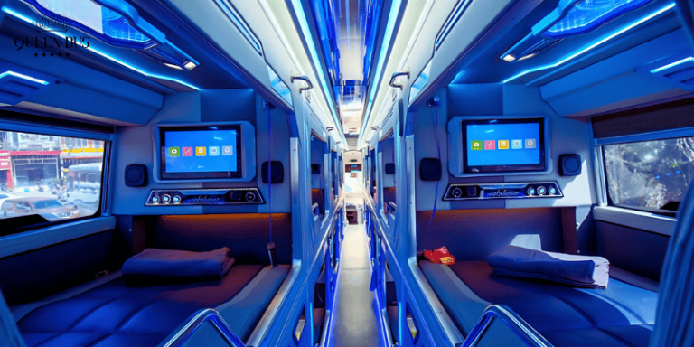 Queen Bus 22-bed sleeper limousine with luxurious, private cabin spaces.