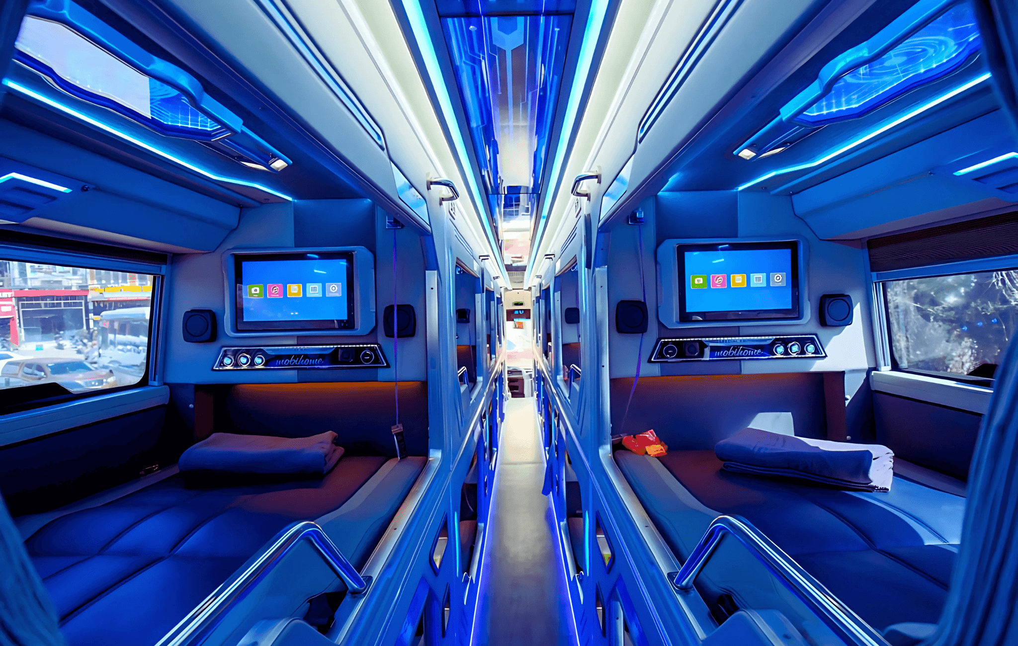 Nội thất phòng cabin đôi VIP sang trọng của nhà xe Queen Cafe Bus