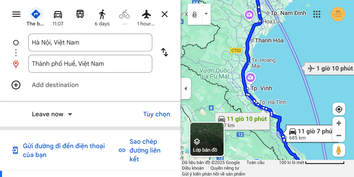 The Hanoi to Hue bus route covers about 664 km