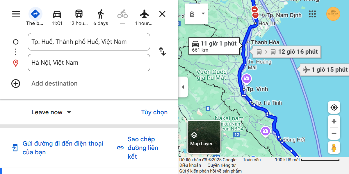 The Hue to Hanoi bus route covers approximately 661 km