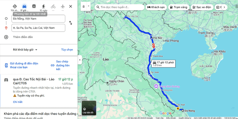 Khoảng cách từ Đà Nẵng đi Sapa khoảng 1.073 km