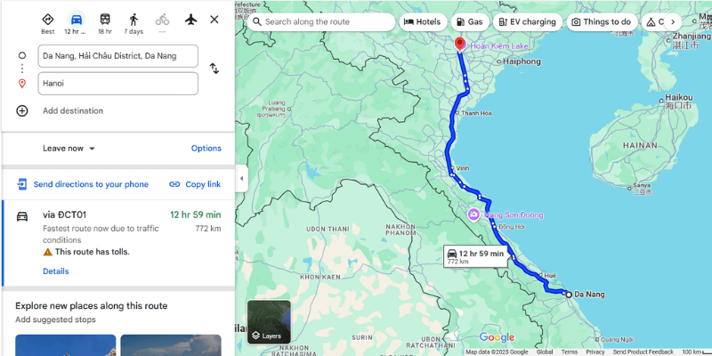The distance from Danang to Hanoi is approximately 772 km