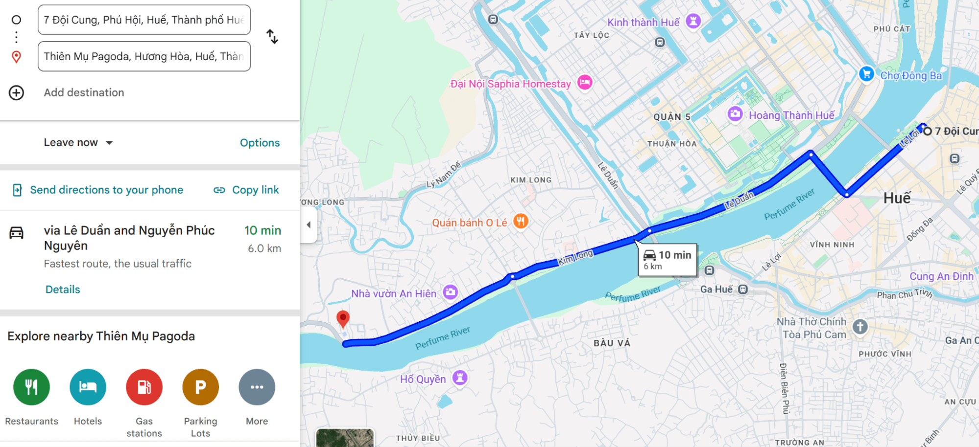 Cách di chuyển từ VP Queen Cafe Bus ngay trung tâm đến Chùa Thiên Mụ (Ảnh Google map)