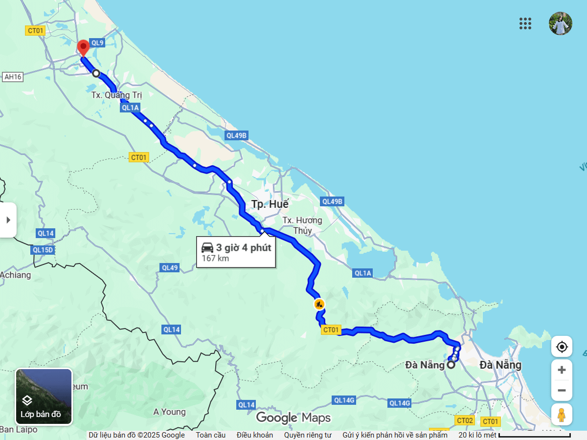 Bản đồ tuyến xe Đà Nẵng Quảng Trị với khoảng cách 190km