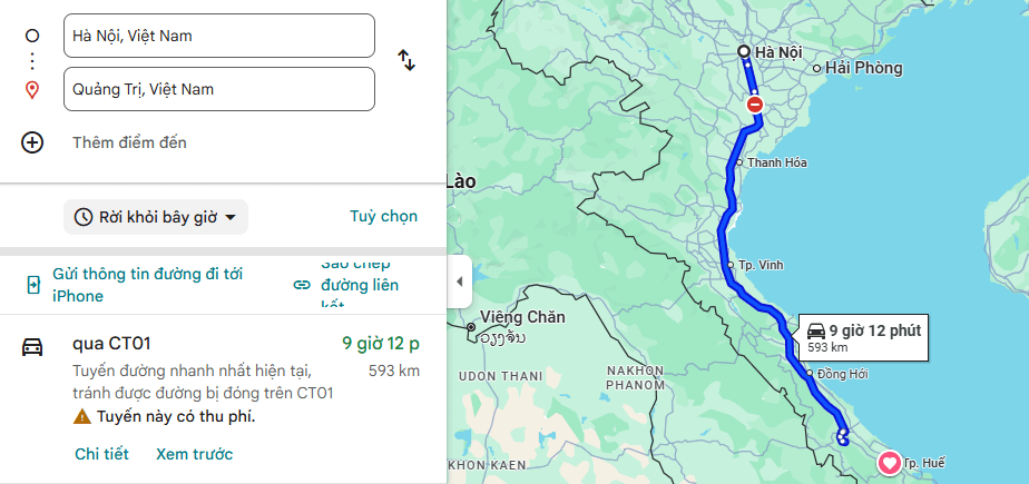 Bản đồ tuyến xe Hà Nội Quảng Trị