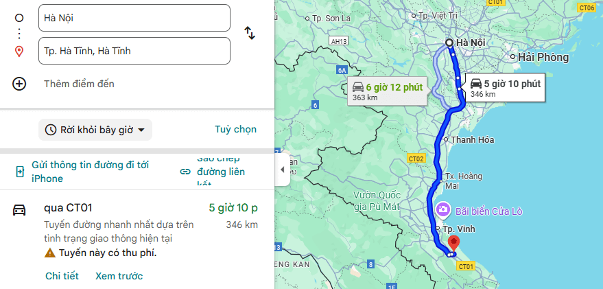 Bản đồ tuyến xe Hà Nội đi Hà Tĩnh