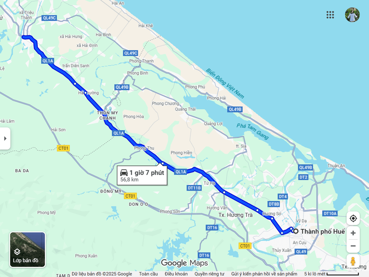 Bản đồ tuyến xe Huế đi Quảng Trị với khoảng cách 60km