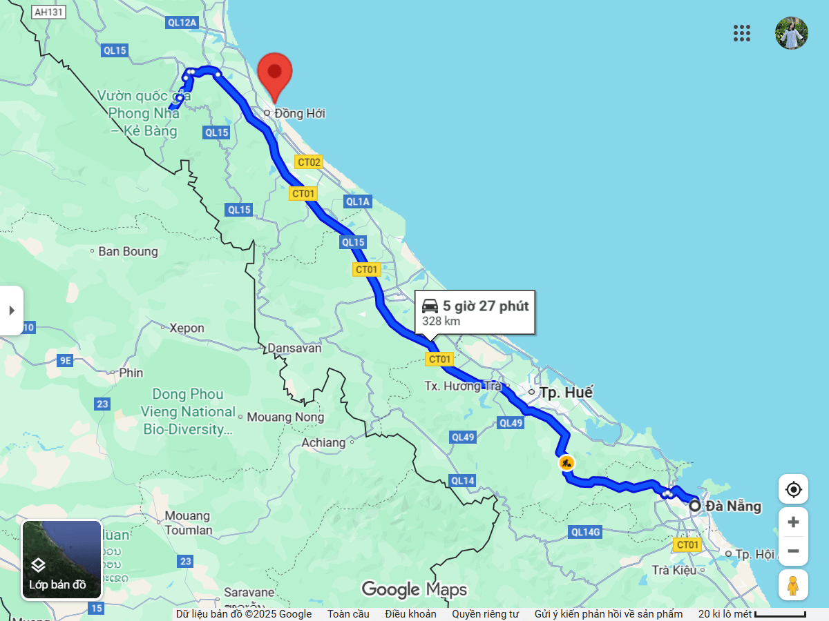 Bản đồ tuyến xe giường nằm Đà Nẵng đi Quảng Bình với khoảng cách 270km