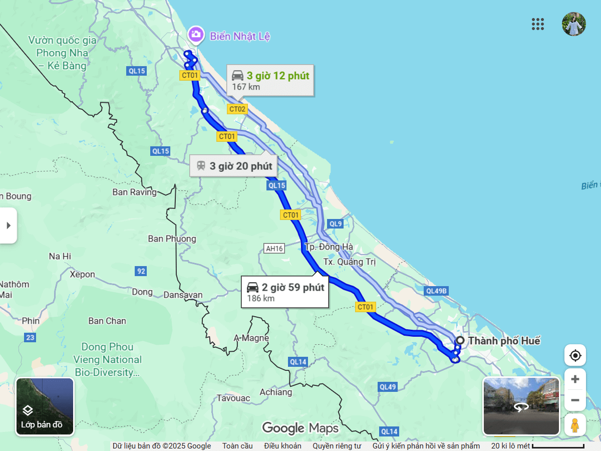 Bản đồ tuyến xe huế đồng hới với khoảng cách 160km qua quốc lộ 1A