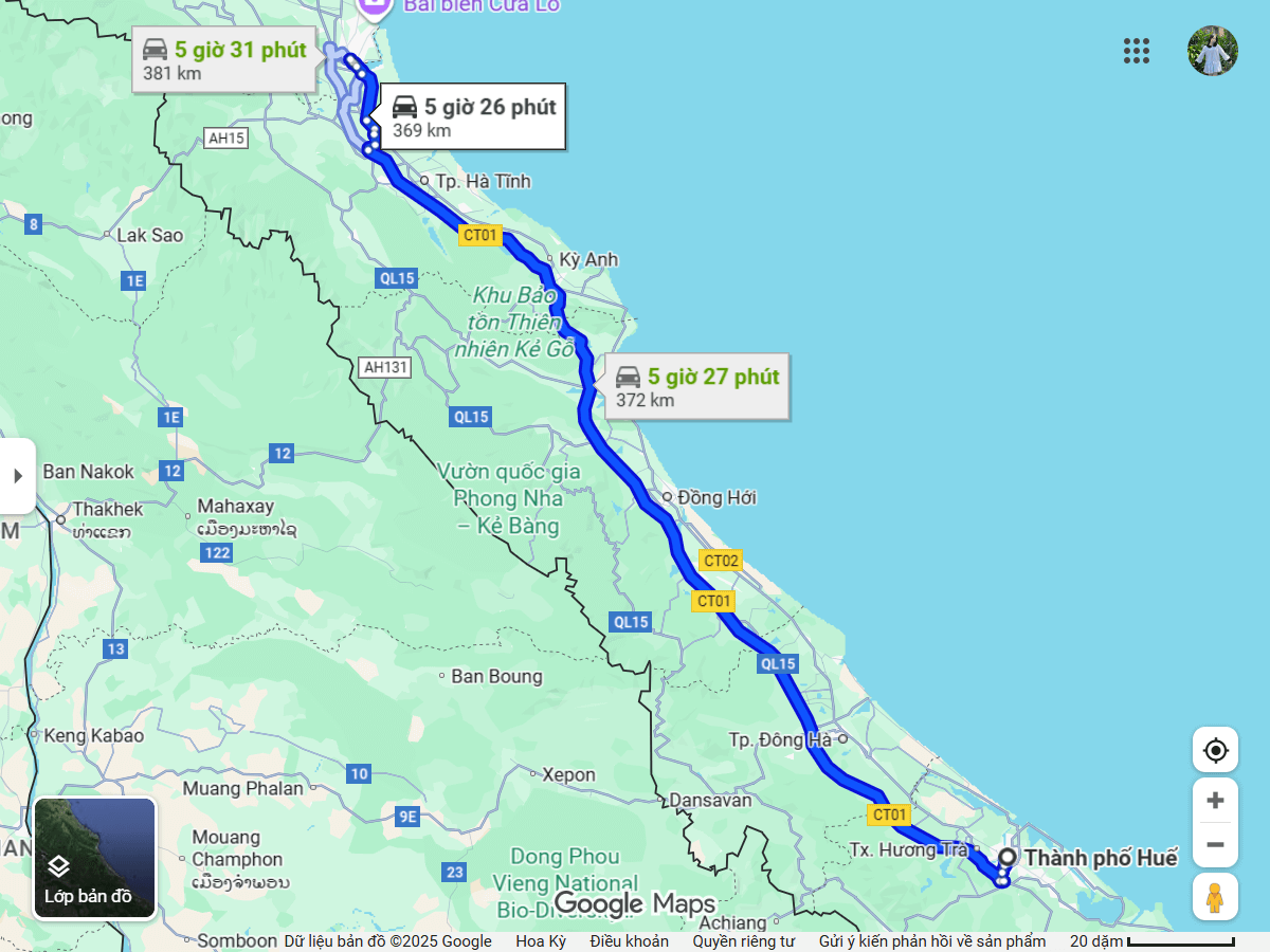 Bản đồ tuyến xe khách Huế đi Vinh khoảng cách 280km
