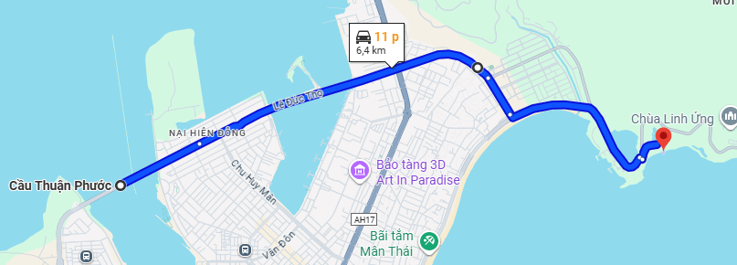 Lộ trình di chuyển đến Bãi Bụt từ cầu Thuận Phước
