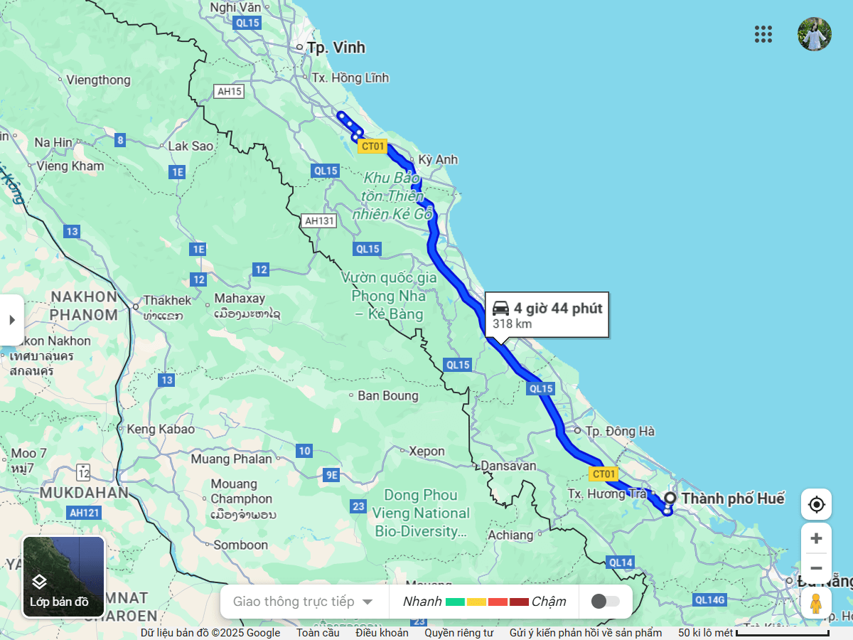 Bản đồ tuyến xe từ Huế đi Hà Tĩnh với khoảng cách 180km