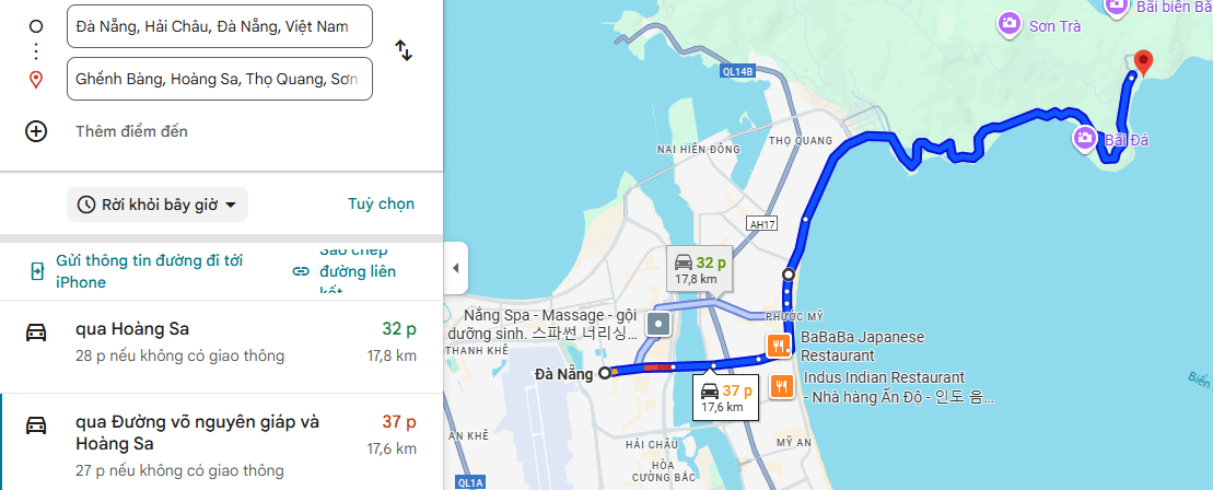 Bản đồ đường đi Ghềnh Bàng Đà Nẵng từ trung tâm thành phố