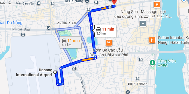 Bản đồ đường đi từ sân bay Đà Nẵng đến chợ đêm Lê Duẩn chi tiết