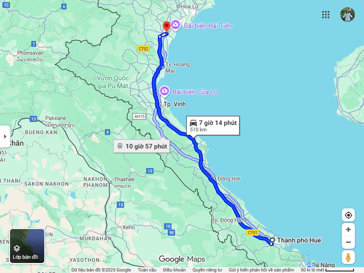 Bản đồ tuyến xe Huế Thanh Hóa với khoảng cách 340km dọc quốc lộ 1A