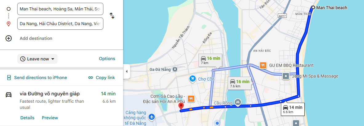 Lộ trình từ trung tâm đến biển Mân Thái Đà Nẵng qua cầu Rồng