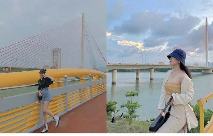 Chụp ảnh vintage trên cầu Nguyễn Văn Trỗi Đà Nẵng với giàn thép Poni vàng