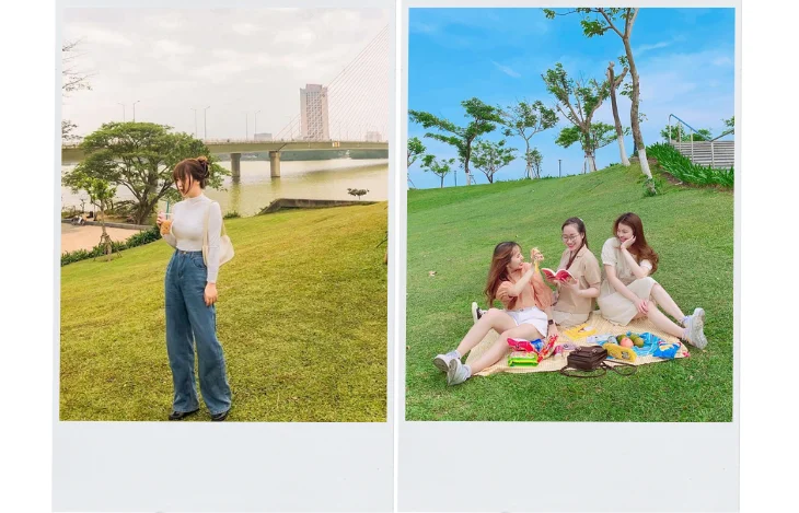 Du khách chụp ảnh từ bãi cỏ ngắm toàn cảnh cầu Nguyễn Văn Trỗi Đà Nẵng