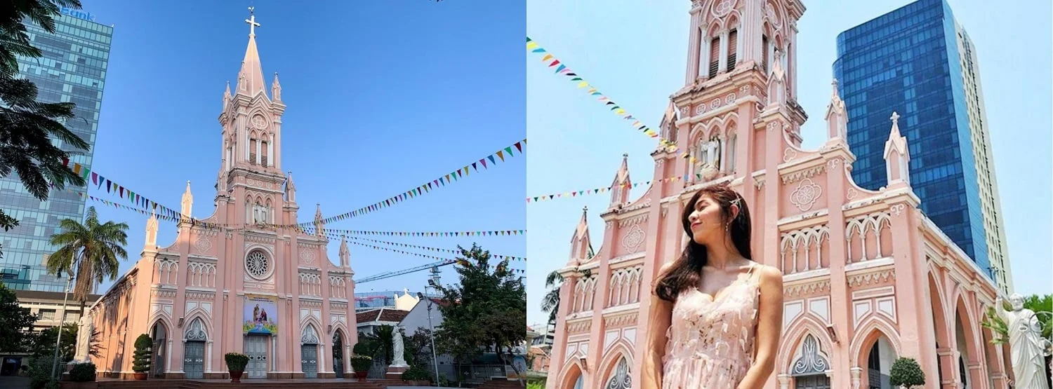 Du khách nữ chụp ảnh check in toàn cảnh Nhà thờ Con Gà Đà Nẵng (Ảnh Sưu tầm)