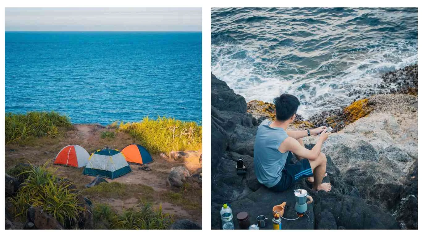 Lều cắm trại Mũi Nghê được dựng trên bãi đá phẳng vào ban đêm.