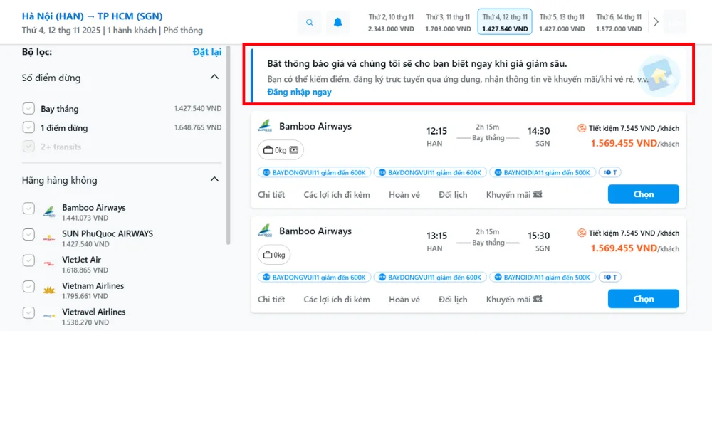 Tính năng Thông báo giá giúp bạn chốt vé đúng thời điểm Tính năng Thông báo giá giúp bạn chốt vé đúng thời điểm