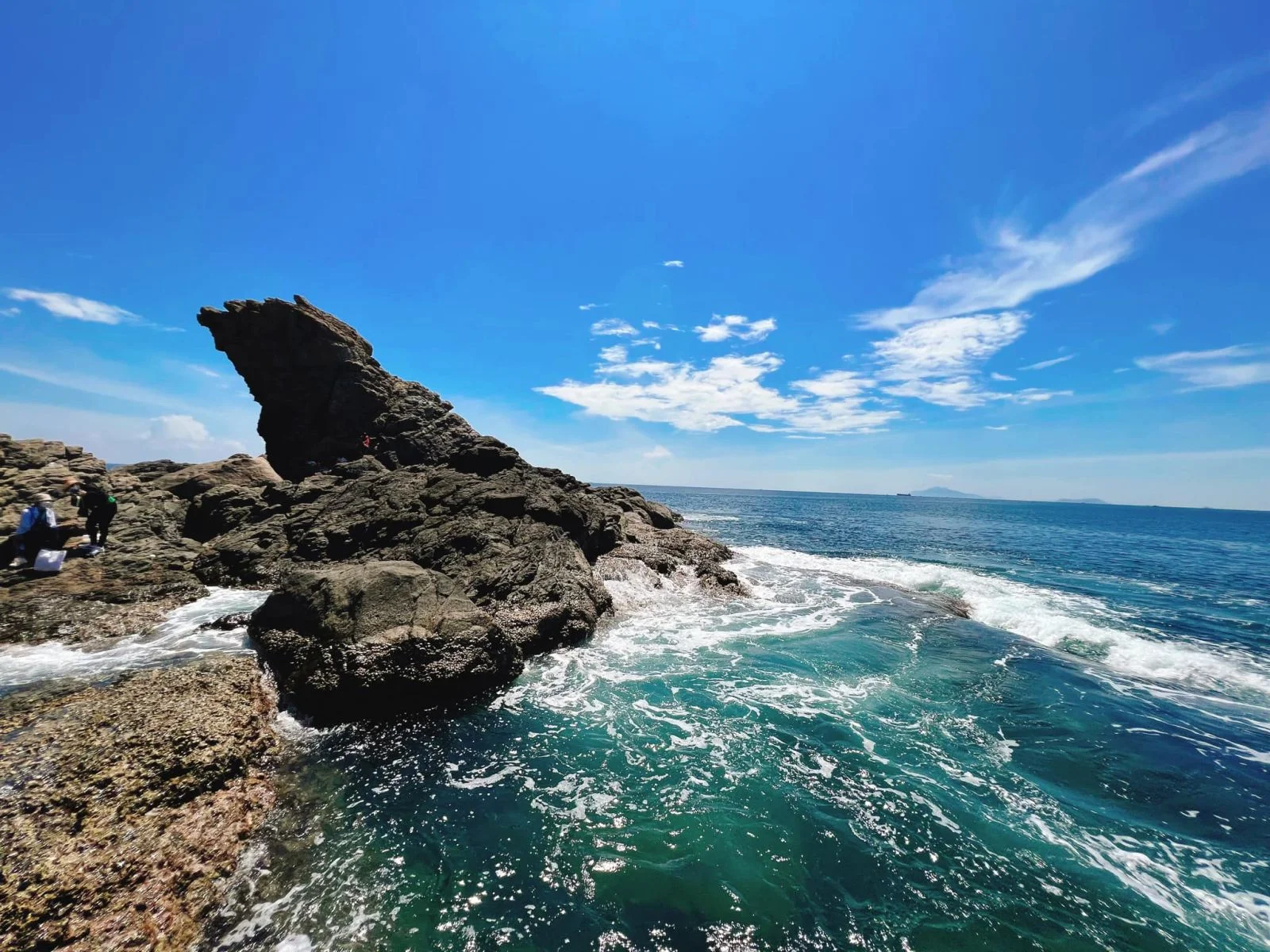 Toàn cảnh Mũi Nghê Sơn Trà nhìn từ trên cao, thấy rõ các mỏm đá vươn ra biển.