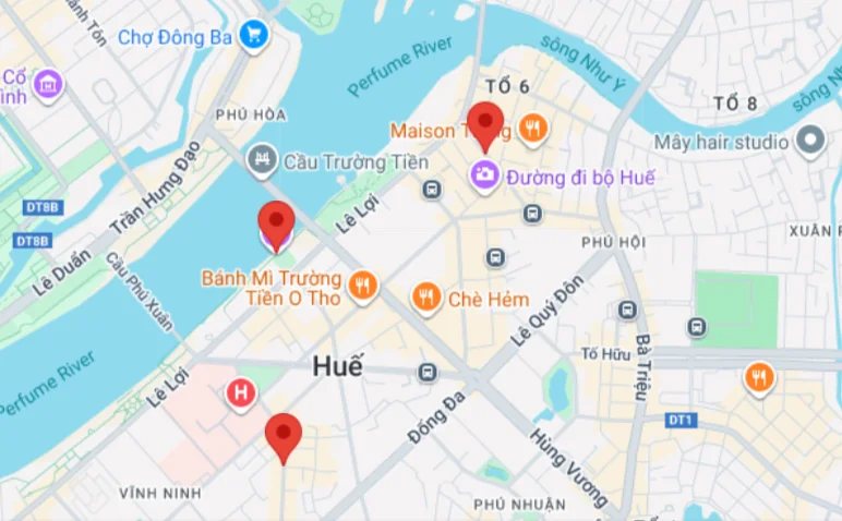 Vị trí 3 khu phố đi bộ Huế trên bản đồ