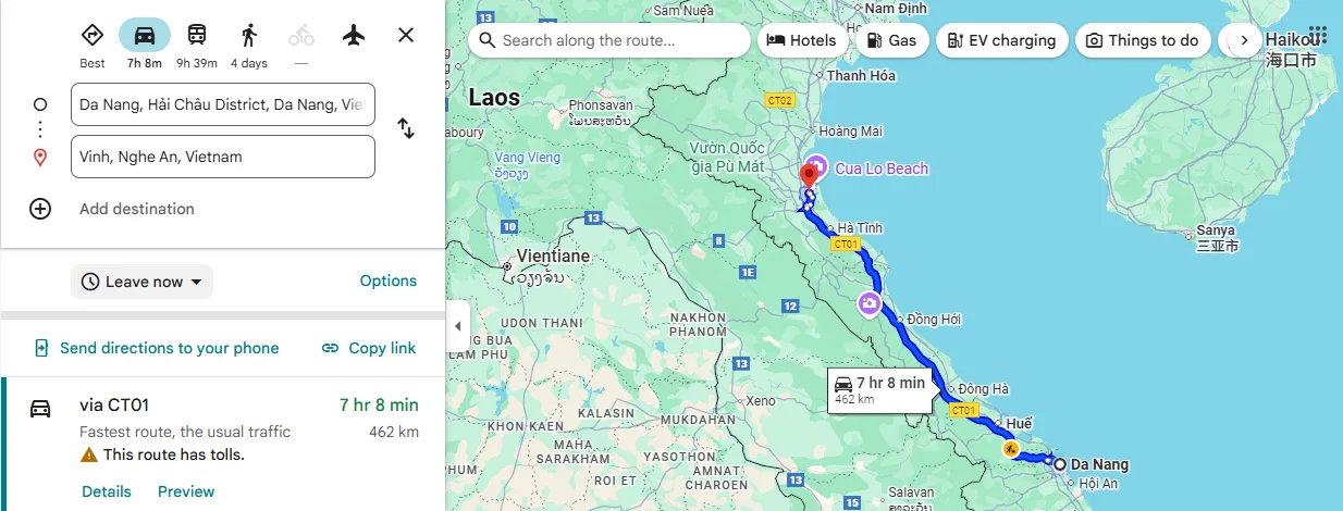 Tuyến xe Đà Nẵng Vinh dài khoảng 400km với 7 tiếng di chuyển Tuyến xe Đà Nẵng Vinh dài khoảng 400km với 7 tiếng di chuyển