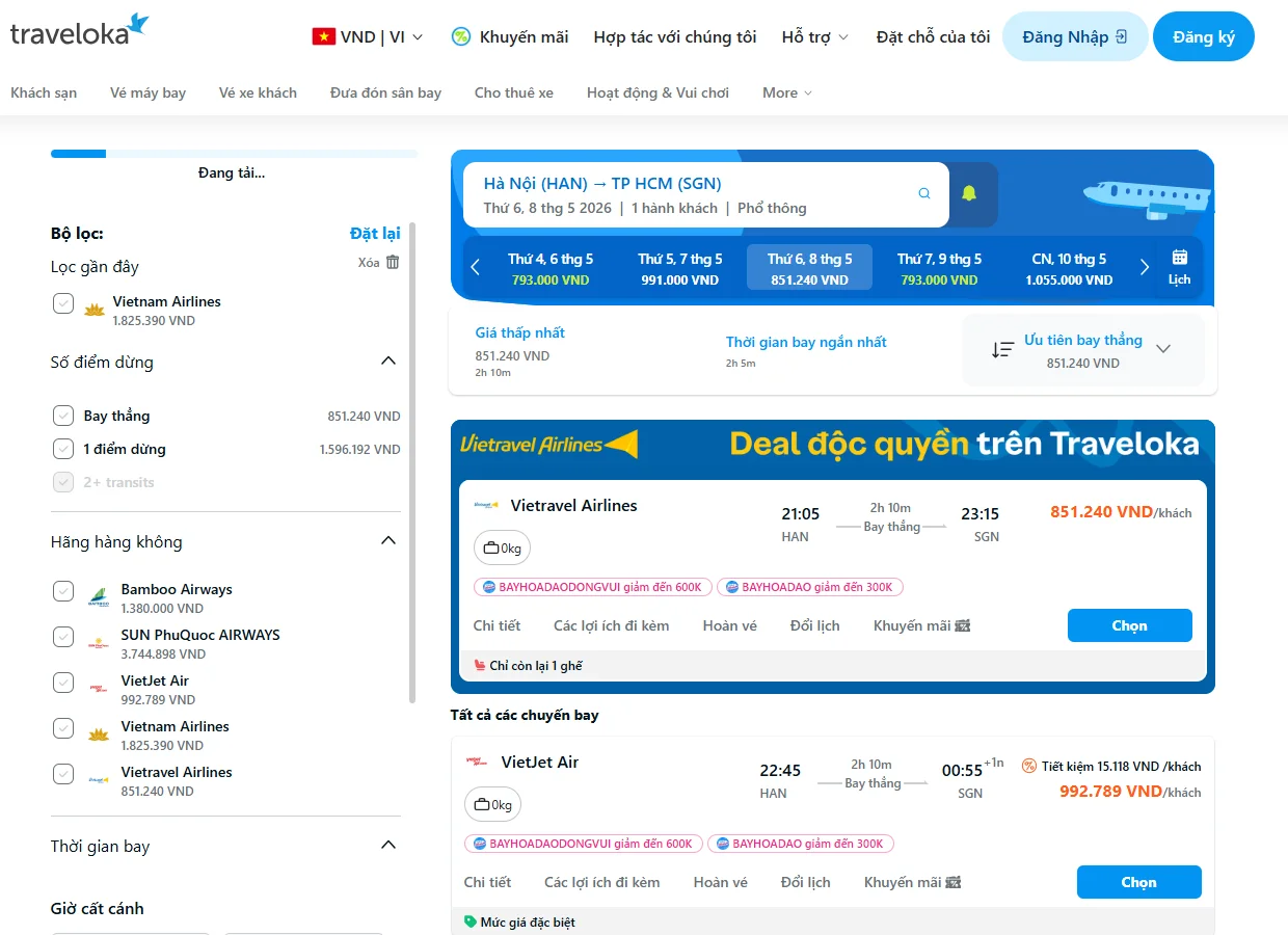 Giao diện so sánh vé máy bay Hà Nội Sài Gòn Giao diện so sánh vé máy bay Hà Nội Sài Gòn